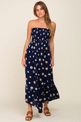 Navy Daisy Smocked Strapless Midi Dress