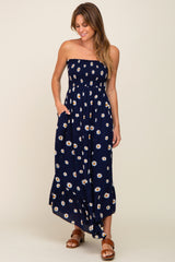 Navy Daisy Smocked Strapless Midi Dress