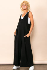 Black Deep V Sleeveless Wide Leg Maternity Jumpsuit