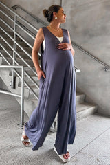 Blue Deep V Sleeveless Wide Leg Maternity Jumpsuit