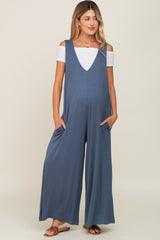 Blue Deep V Sleeveless Wide Leg Maternity Jumpsuit