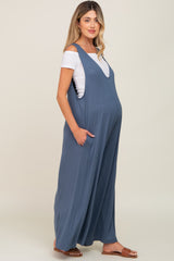 Blue Deep V Sleeveless Wide Leg Maternity Jumpsuit