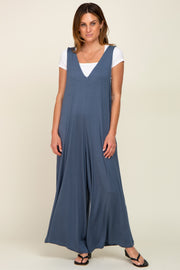 Blue Deep V Sleeveless Wide Leg Jumpsuit