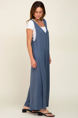 Blue Deep V Sleeveless Wide Leg Jumpsuit