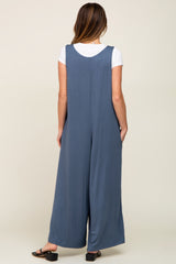 Blue Deep V Sleeveless Wide Leg Jumpsuit