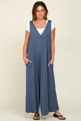 Blue Deep V Sleeveless Wide Leg Jumpsuit