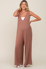 Mocha Deep V Sleeveless Wide Leg Maternity Jumpsuit