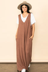 Mocha Deep V Sleeveless Wide Leg Jumpsuit