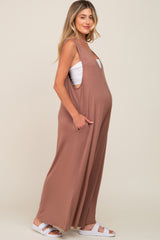 Mocha Deep V Sleeveless Wide Leg Maternity Jumpsuit