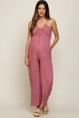 Mauve Floral V-Neck Front Tie Sleeveless Maternity Jumpsuit