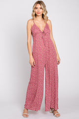 Mauve Floral V-Neck Front Tie Sleeveless Jumpsuit