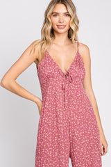 Mauve Floral V-Neck Front Tie Sleeveless Jumpsuit