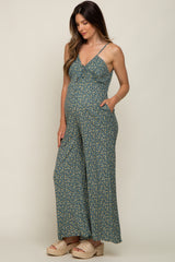 Olive Floral V-Neck Front Tie Sleeveless Maternity Jumpsuit