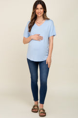 Light Blue V-Neck Basic Maternity Top