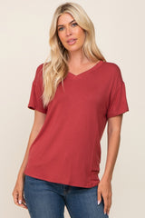 Red V-Neck Basic Maternity Top