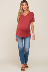 Red V-Neck Basic Maternity Top