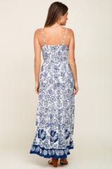 Navy Blue Floral Front Twist Maxi Dress