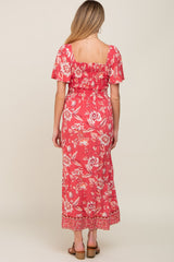 Magenta Floral Front Twist Maternity Maxi Dress