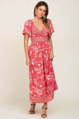 Magenta Floral Front Twist Maternity Maxi Dress