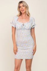 Light Blue Floral Smocked Tied Front Ruffle Short Sleeve Dress