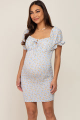 Light Blue Floral Smocked Tied Front Ruffle Short Sleeve Maternity Dress