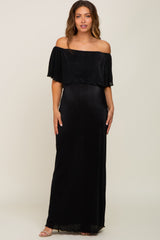 Black Pleated Ruffle Off Shoulder Maternity Maxi Dress