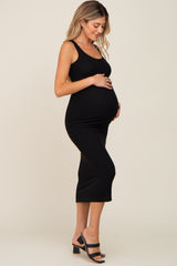 Black Ribbed Basic Maternity Maxi Dress