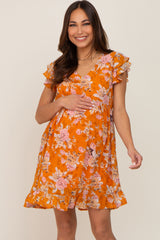 Orange Floral Flutter Sleeve Maternity Babydoll Dress