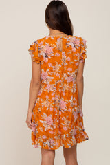 Orange Floral Flutter Sleeve Maternity Babydoll Dress