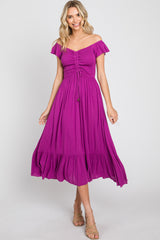 Magenta Smocked Ruched Ruffle Hem Maternity Maxi Dress