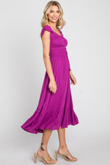 Magenta Smocked Ruched Ruffle Hem Maxi Dress