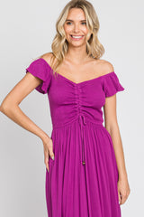 Magenta Smocked Ruched Ruffle Hem Maxi Dress