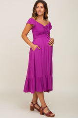 Magenta Smocked Ruched Ruffle Hem Maternity Maxi Dress