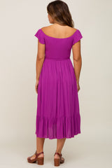 Magenta Smocked Ruched Ruffle Hem Maternity Maxi Dress