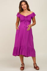 Magenta Smocked Ruched Ruffle Hem Maternity Maxi Dress