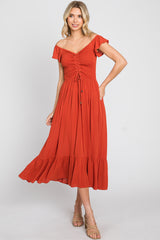 Rust Smocked Ruched Ruffle Hem Maternity Maxi Dress