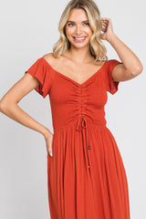 Rust Smocked Ruched Ruffle Hem Maxi Dress