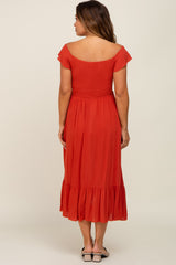 Rust Smocked Ruched Ruffle Hem Maternity Maxi Dress