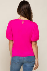 Fuchsia Satin Pleated Puff Short Sleeve Maternity Blouse