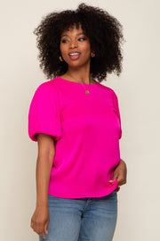 Fuchsia Satin Pleated Puff Short Sleeve Blouse