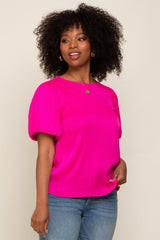 Fuchsia Satin Pleated Puff Short Sleeve Maternity Blouse