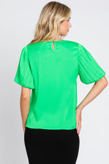 Green Satin Pleated Puff Short Sleeve Blouse