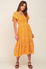 Yellow Floral Smocked Maternity Midi Dress