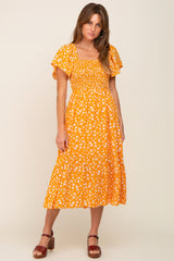 Yellow Floral Smocked Midi Dress