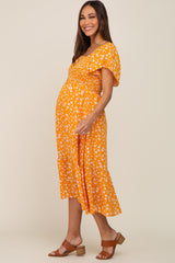 Yellow Floral Smocked Maternity Midi Dress