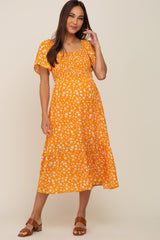 Yellow Floral Smocked Maternity Midi Dress