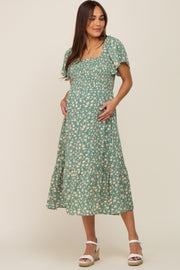 Light Olive Floral Smocked Maternity Midi Dress