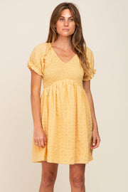 Yellow Smocked Textured V-Neck Dress