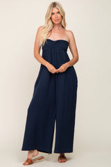 Navy Strapless Front Twist Maternity Jumpsuit