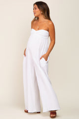 White Strapless Front Twist Maternity Jumpsuit